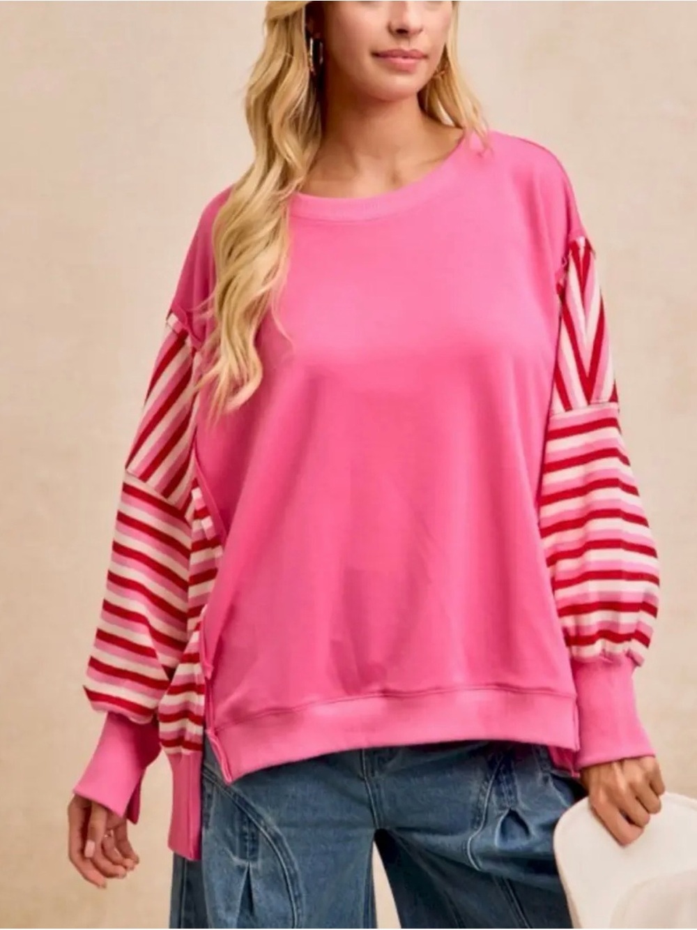 BiBi Pink Striped Balloon Sleeve Oversized Pullover